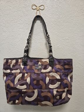 Coach Purple, Brown & Cream Signature Link-Print Tote